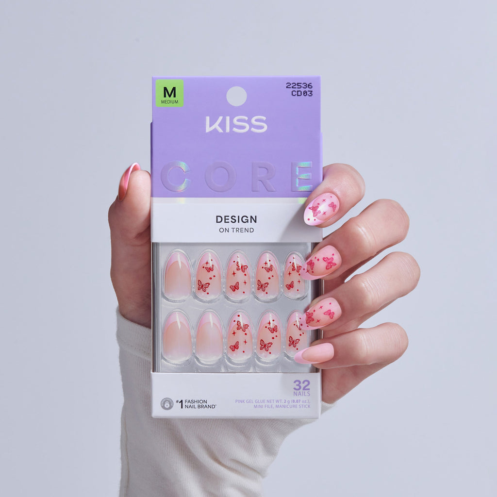 Kiss Core Design Press On Fake Glue Nails - Signature | Design, Pink, Medium, Almond official pack
