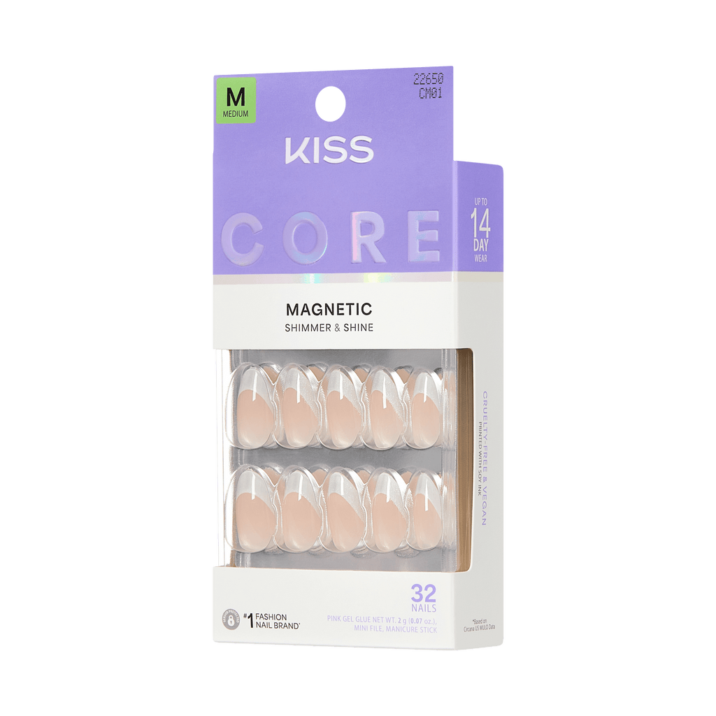 Kiss Core Magnetic Press On Fake Glue Nails - Patchouli | French Tips, Silver, Medium, Almond official pack
