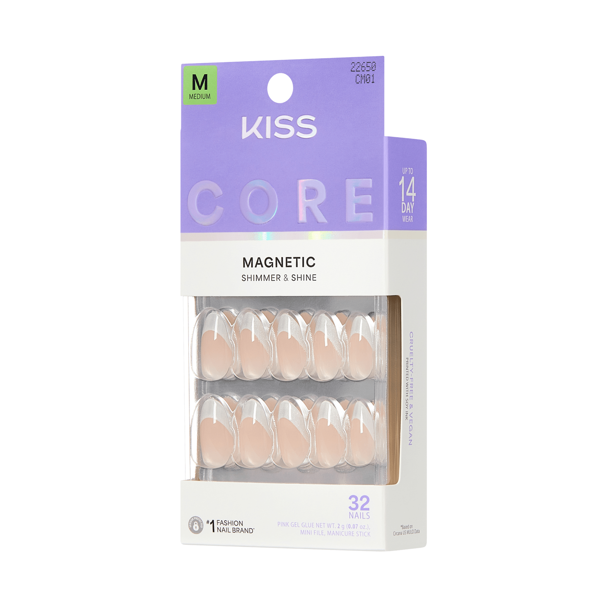 Kiss Core Magnetic Press On Fake Glue Nails - Patchouli | French Tips, Silver, Medium, Almond official pack