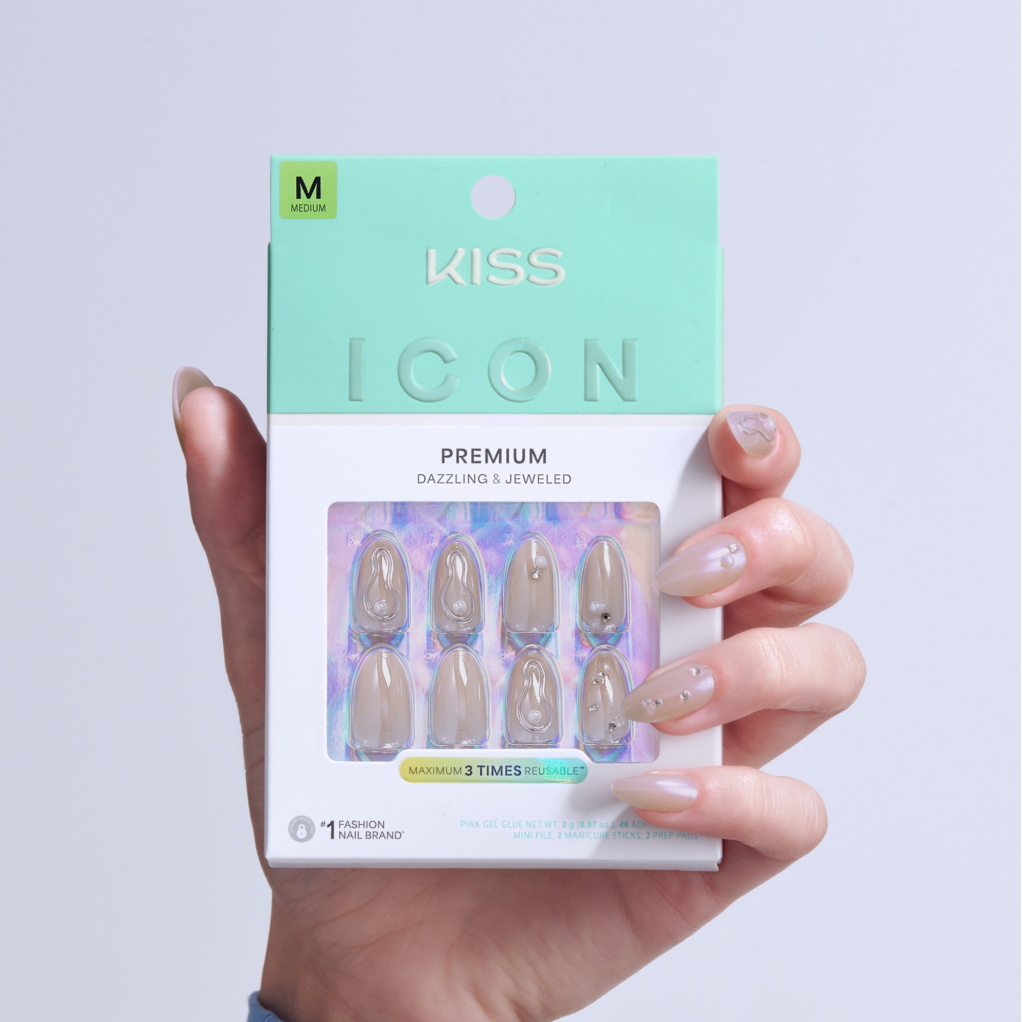 Kiss Icon Press On Fake Glue Nails - Terrific | 3D & Jewel Design, White, Medium, Almond official pack
