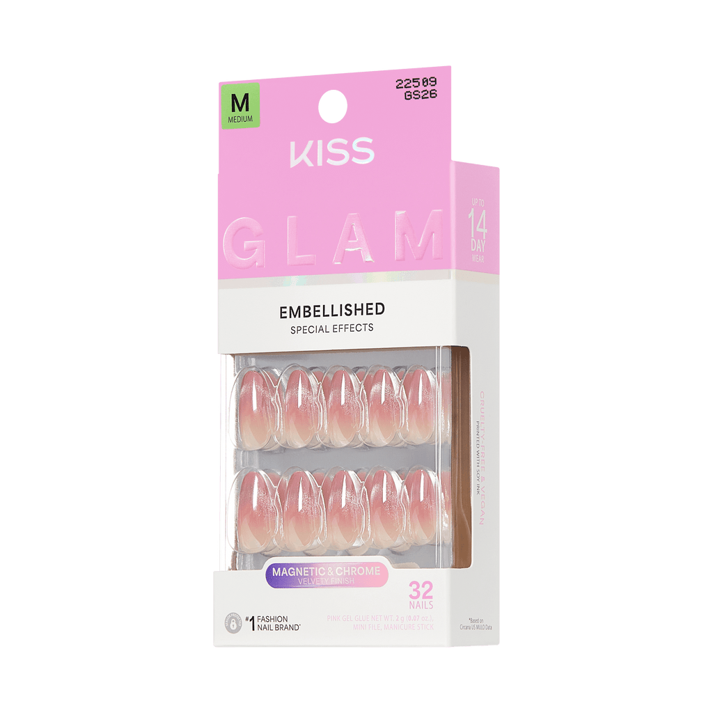 Kiss Glam Embellished Press On Fake Glue Nails - Stardust Wonder | Design, Pink, Medium, Almond official pack
