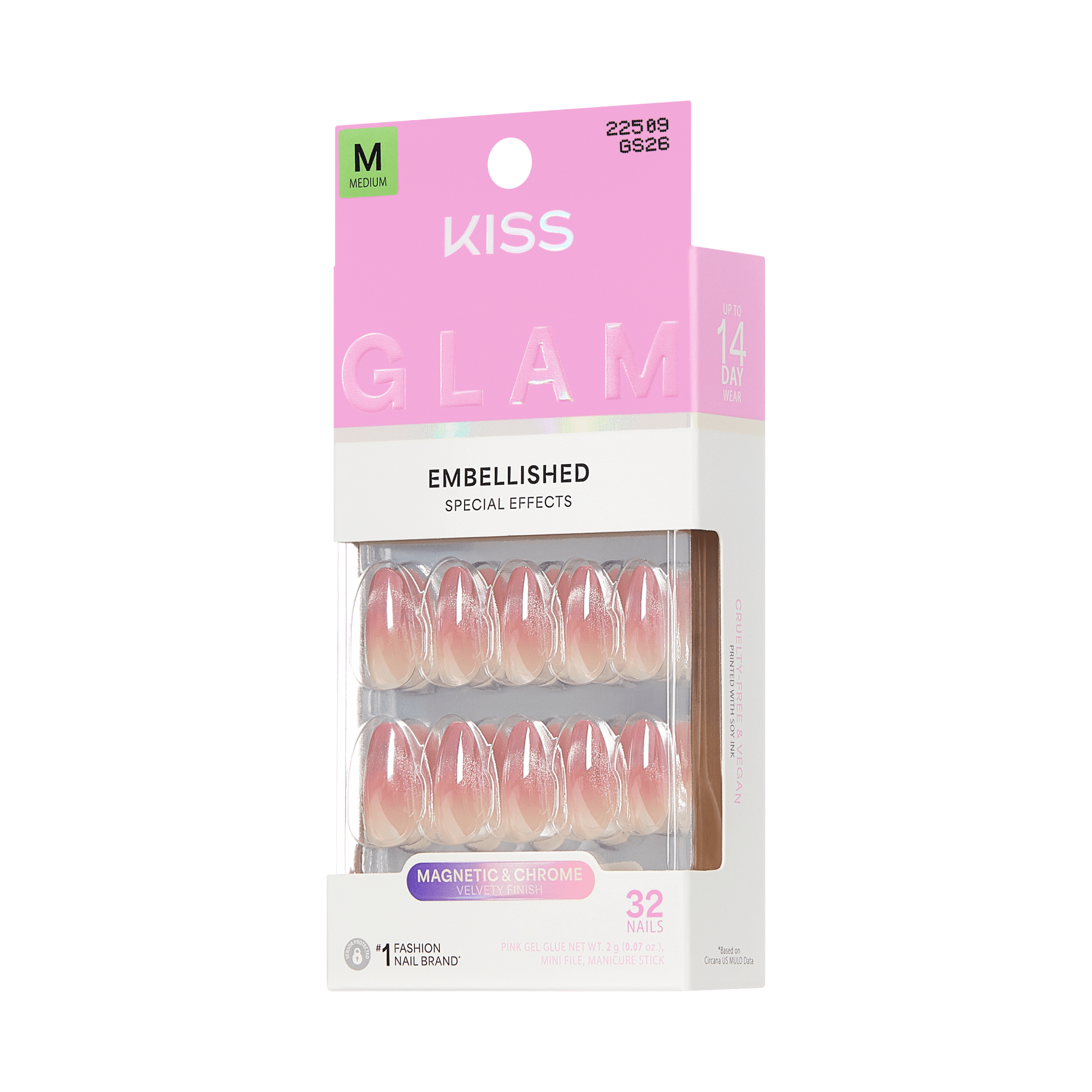 Kiss Glam Embellished Press On Fake Glue Nails - Stardust Wonder | Design, Pink, Medium, Almond official pack
