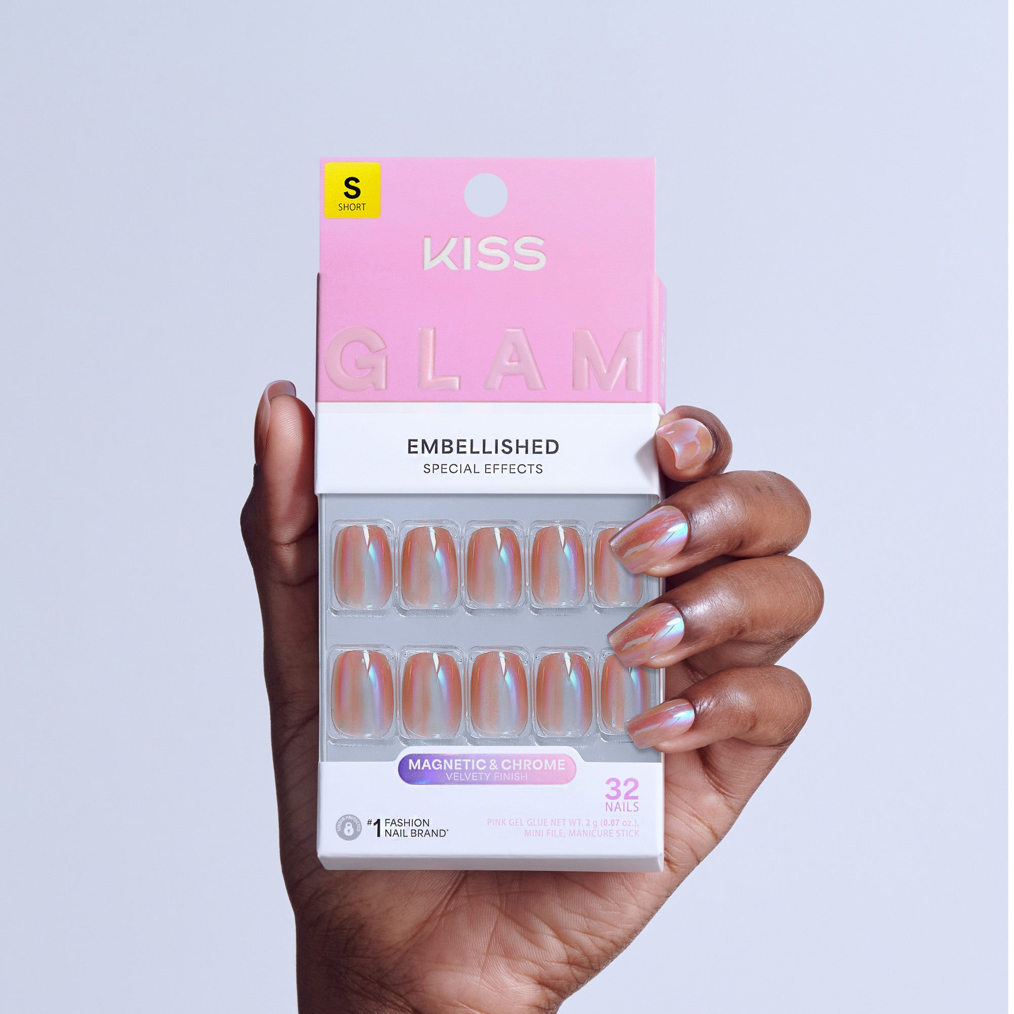 Kiss Glam Embellished Press On Fake Glue Nails - Golden Hour Affairs | Design, Pink, Short, Squoval official pack