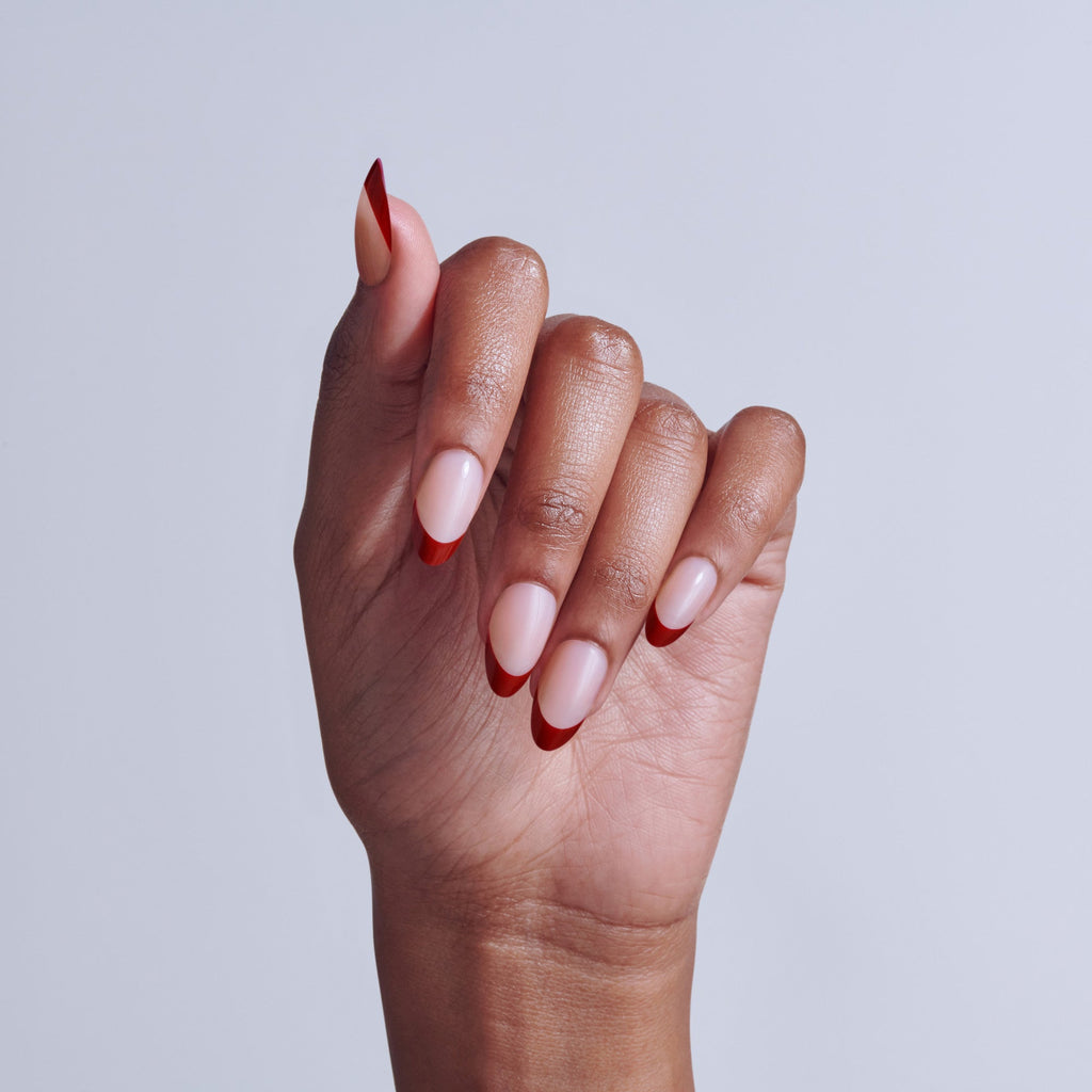 Kiss Core French Press On Fake Glue Nails - Cheerful | French Tips, Red, Medium, Almond official pack