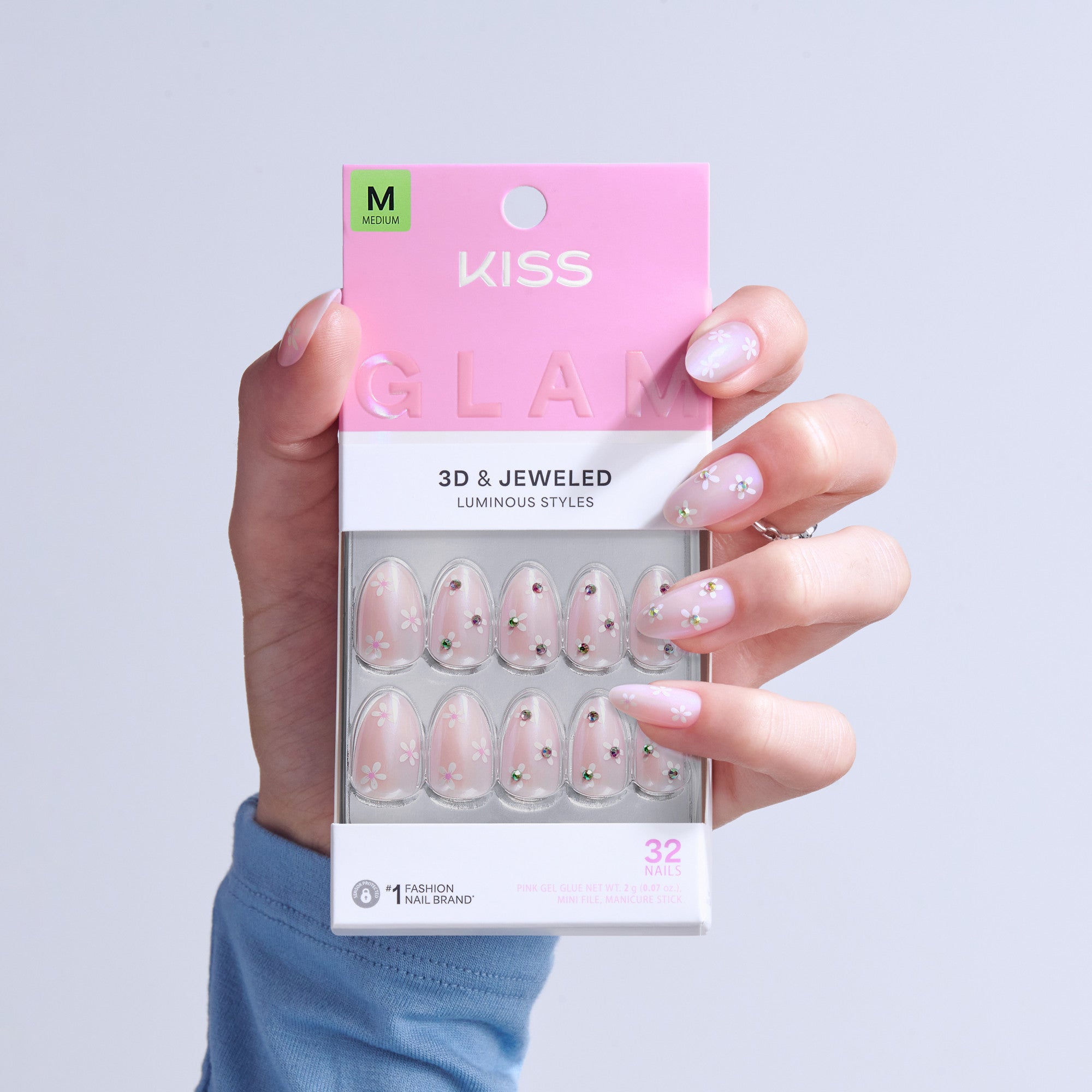 Kiss Glam 3D & Jewel Press On Fake Glue Nails  - Breeze of Bliss | Design, Pink, Medium, Almond official pack