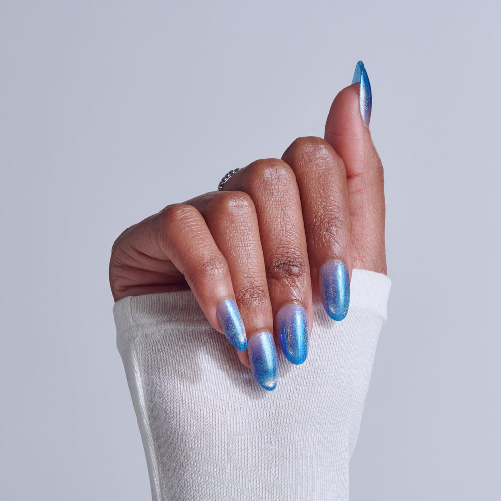 Kiss Glam Embellished Press On Fake Glue Nails - Glow Forever | Design, Blue, Medium, Almond official pack