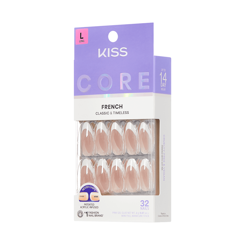 Kiss Core French Press On Fake Glue Nails - Fascinating | French Tips, White, Long, Almond official pack