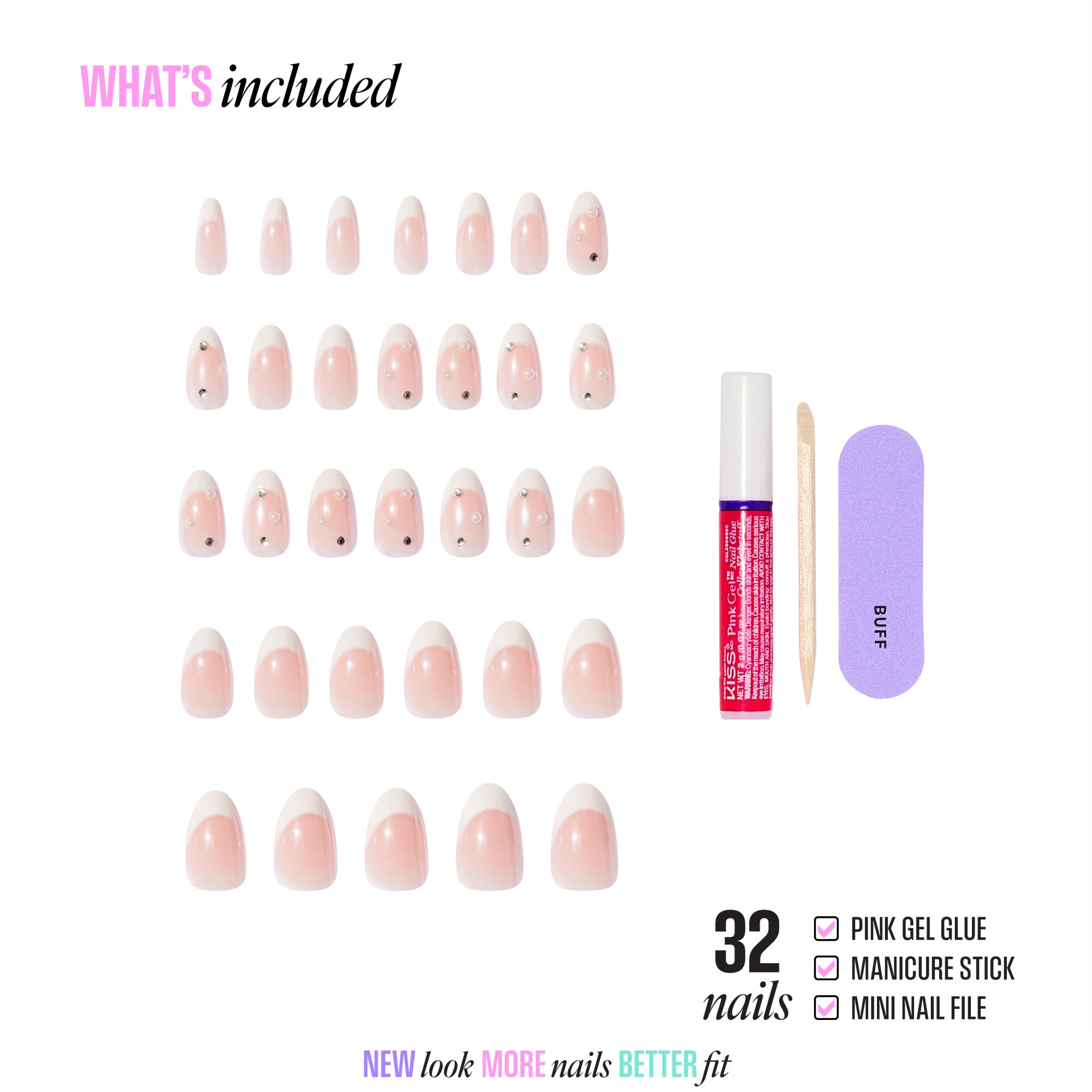 Kiss Glam 3D & Jewel Press On Fake Glue Nails  - Serendipity Awaits | 3D & Jewel French, White, Medium, Almond official pack