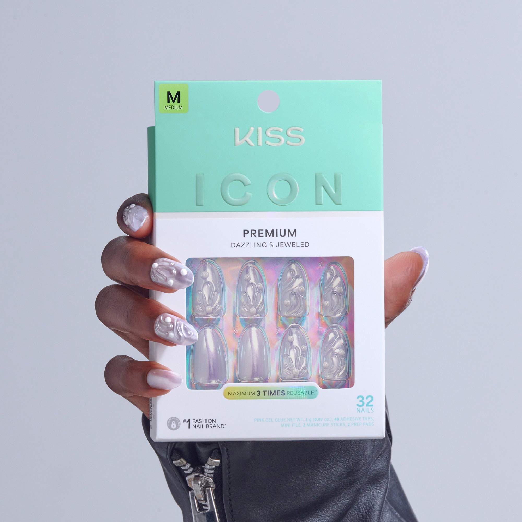 Kiss Icon Press On Fake Glue Nails - Remarkable | 3D & Jewel Design, Metallic Purple, Medium, Almond official pack