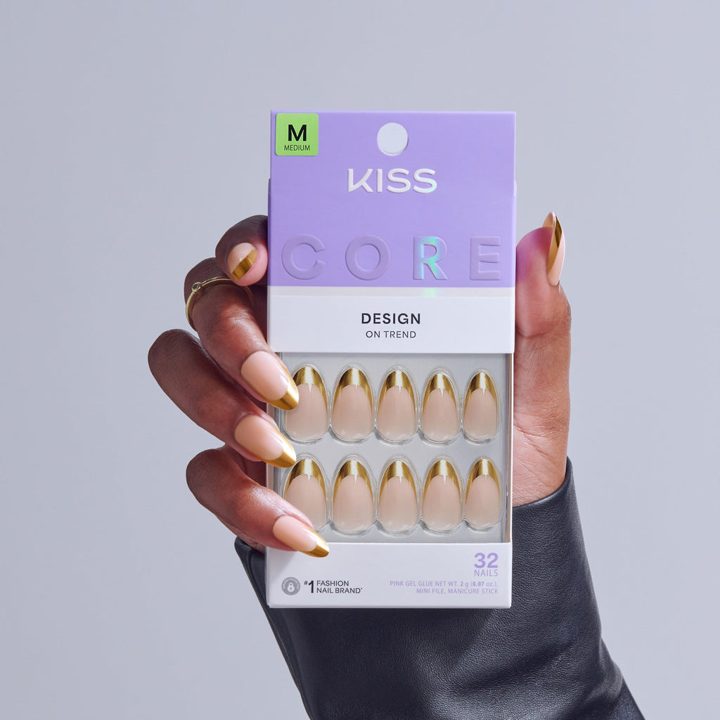 Kiss Core Design Press On Fake Glue Nails - Together | French, Gold, Medium, Almond official pack