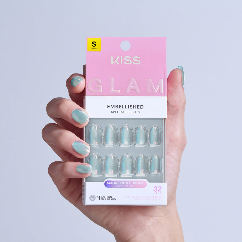 Kiss Glam Embellished Press On Fake Glue Nails - Celestique | Design, Blue, Short, Round official pack