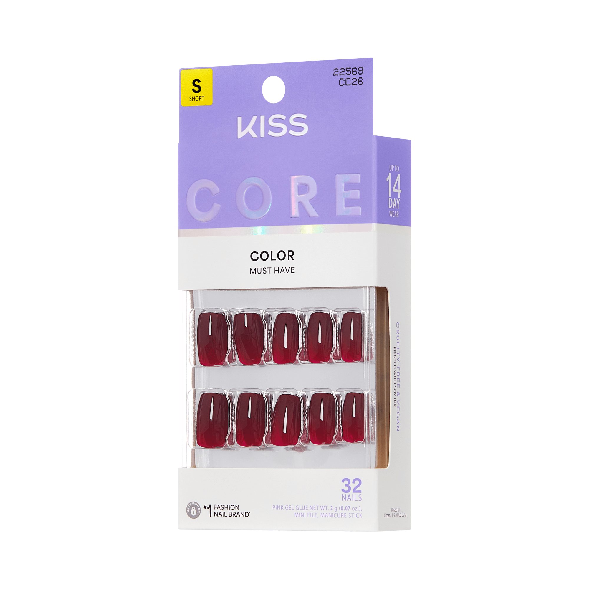 Kiss Core Color Press On Fake Glue Nails - Sprightly | Solid, Red, Short, Squoval official pack