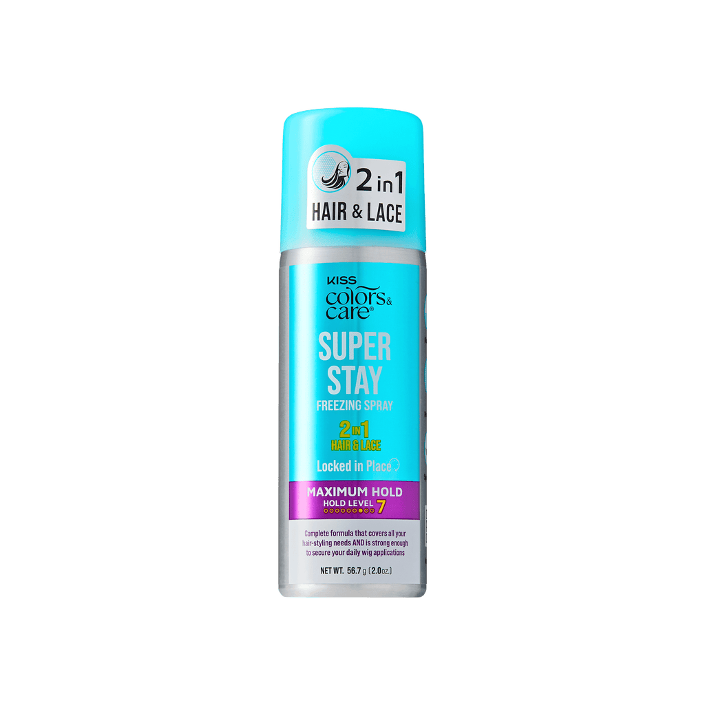 Kiss Colors & Care Super Stay Freezing Spray | Maximum Hold, For Natural Hair & Wigs, 24 Hr Hold, Travel Size, 2 oz, Hair Care official pack