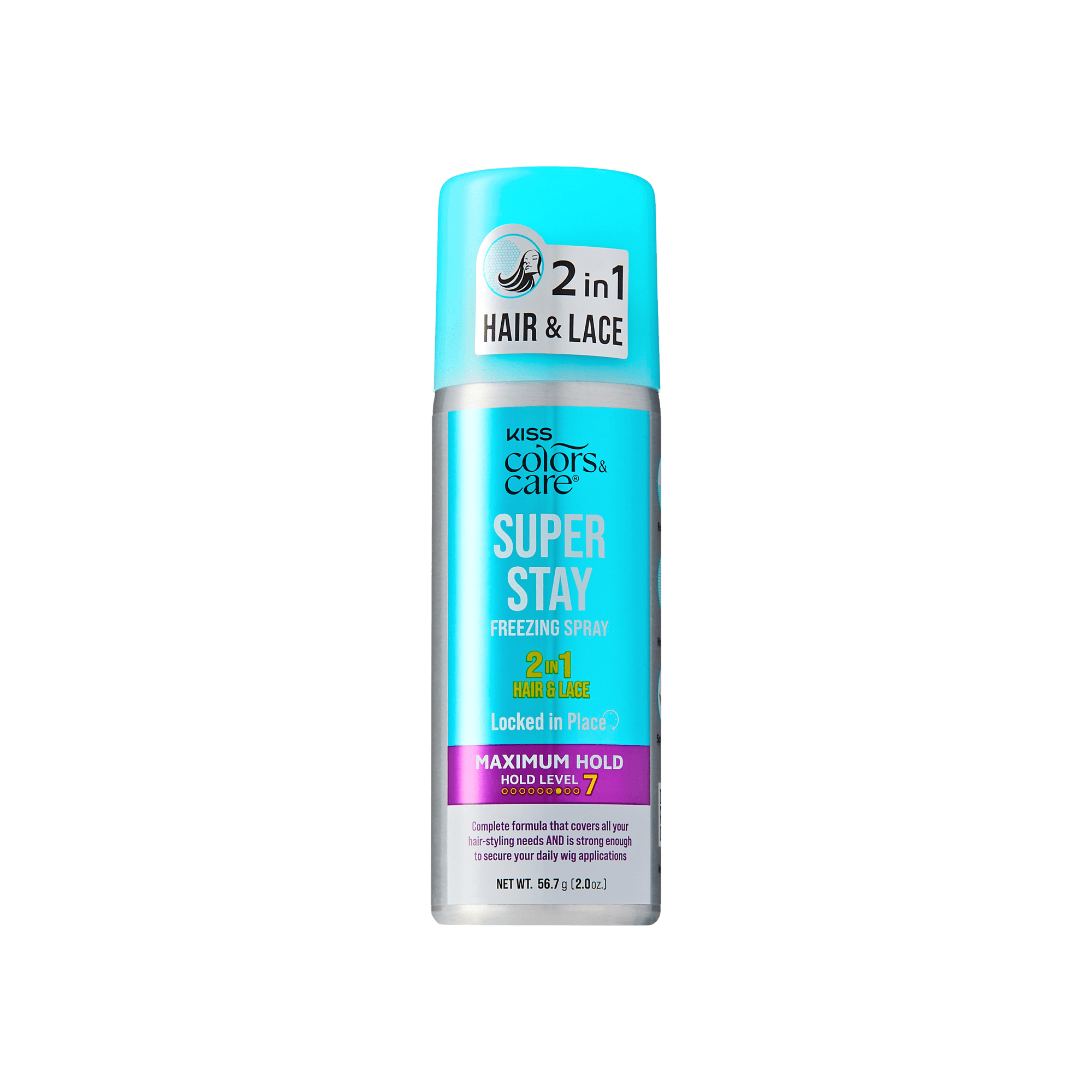 Kiss Colors & Care Super Stay Freezing Spray | Maximum Hold, For Natural Hair & Wigs, 24 Hr Hold, Travel Size, 2 oz, Hair Care official pack