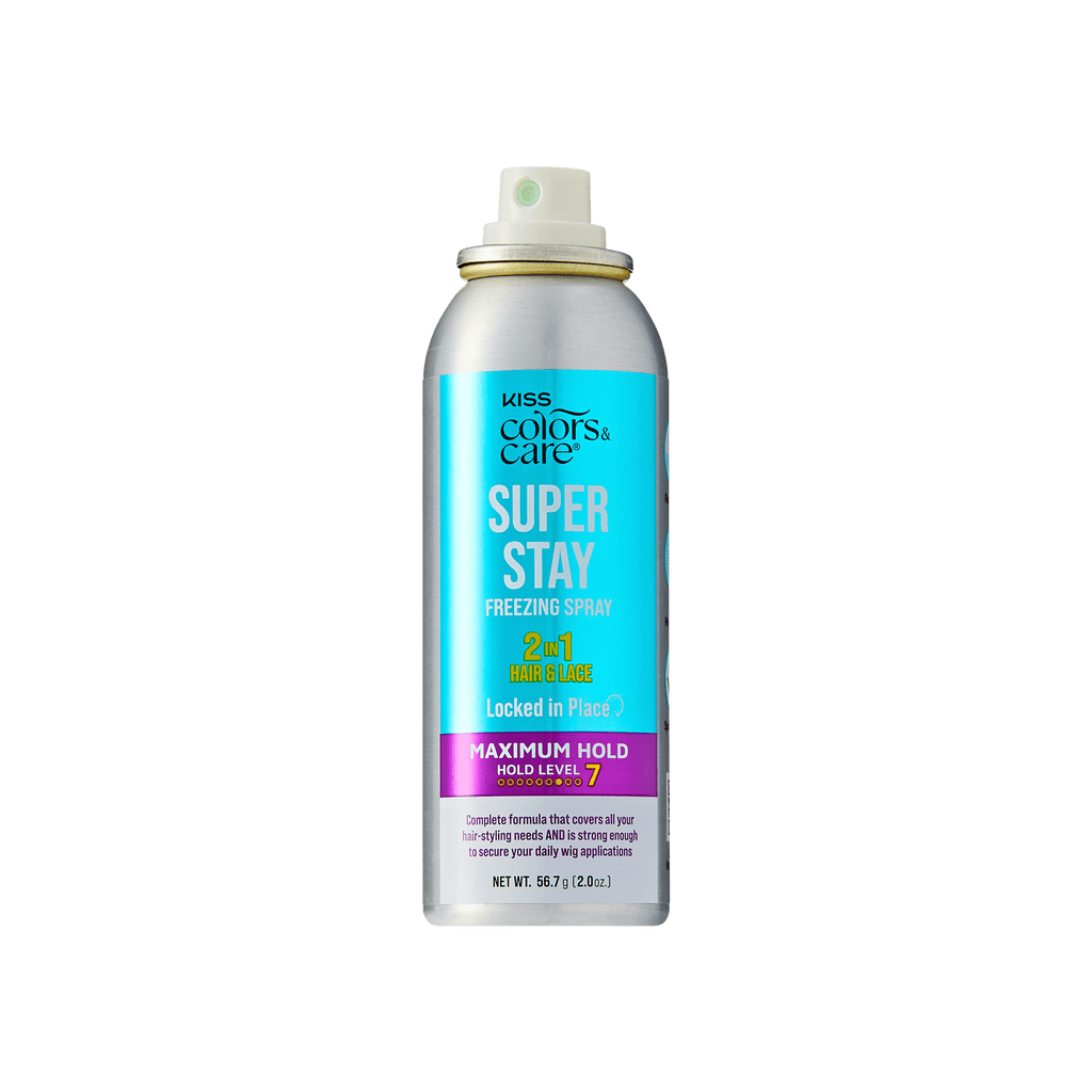 Kiss Colors & Care Super Stay Freezing Spray | Maximum Hold, For Natural Hair & Wigs, 24 Hr Hold, Travel Size, 2 oz, Hair Care official pack