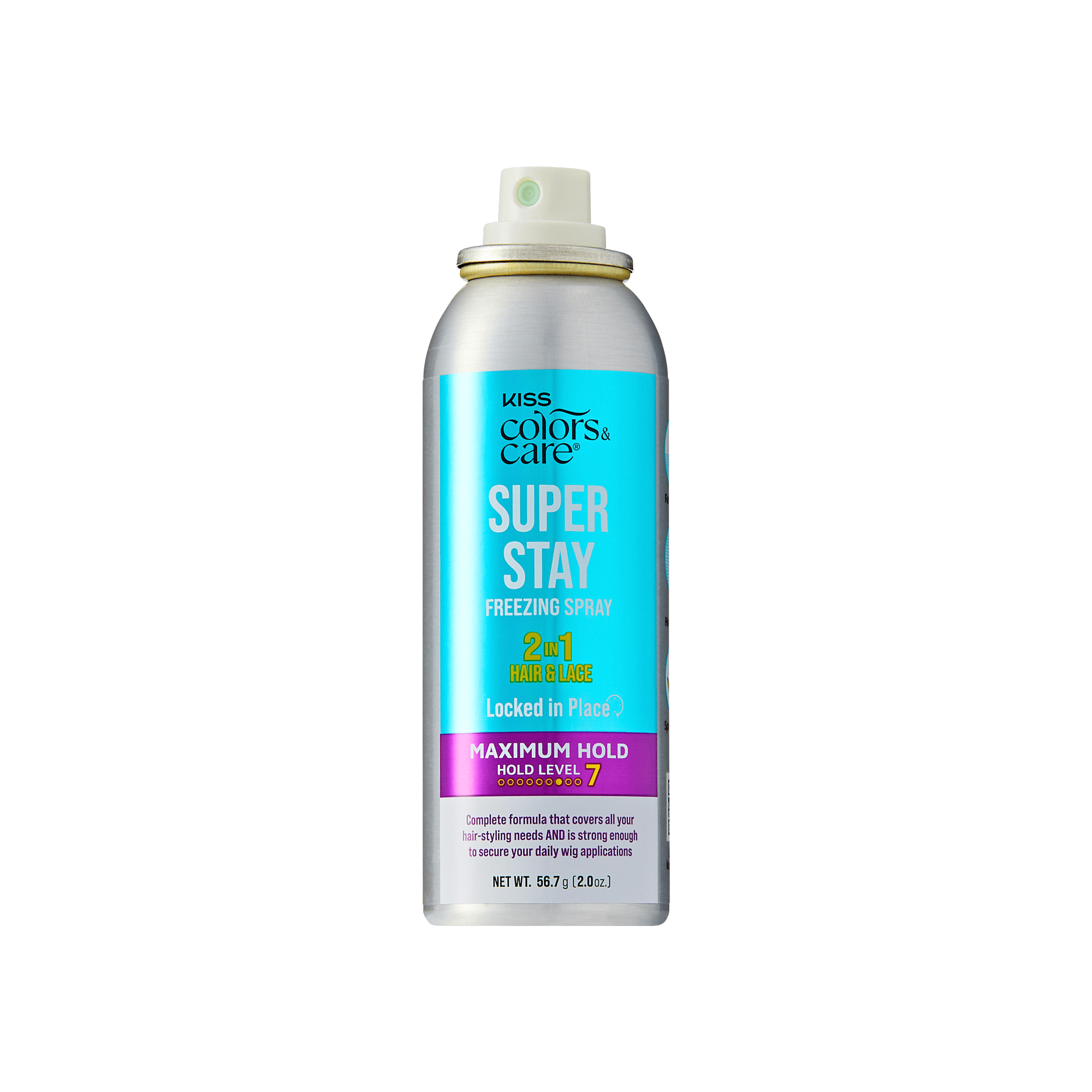 Kiss Colors & Care Super Stay Freezing Spray | Maximum Hold, For Natural Hair & Wigs, 24 Hr Hold, Travel Size, 2 oz, Hair Care official pack