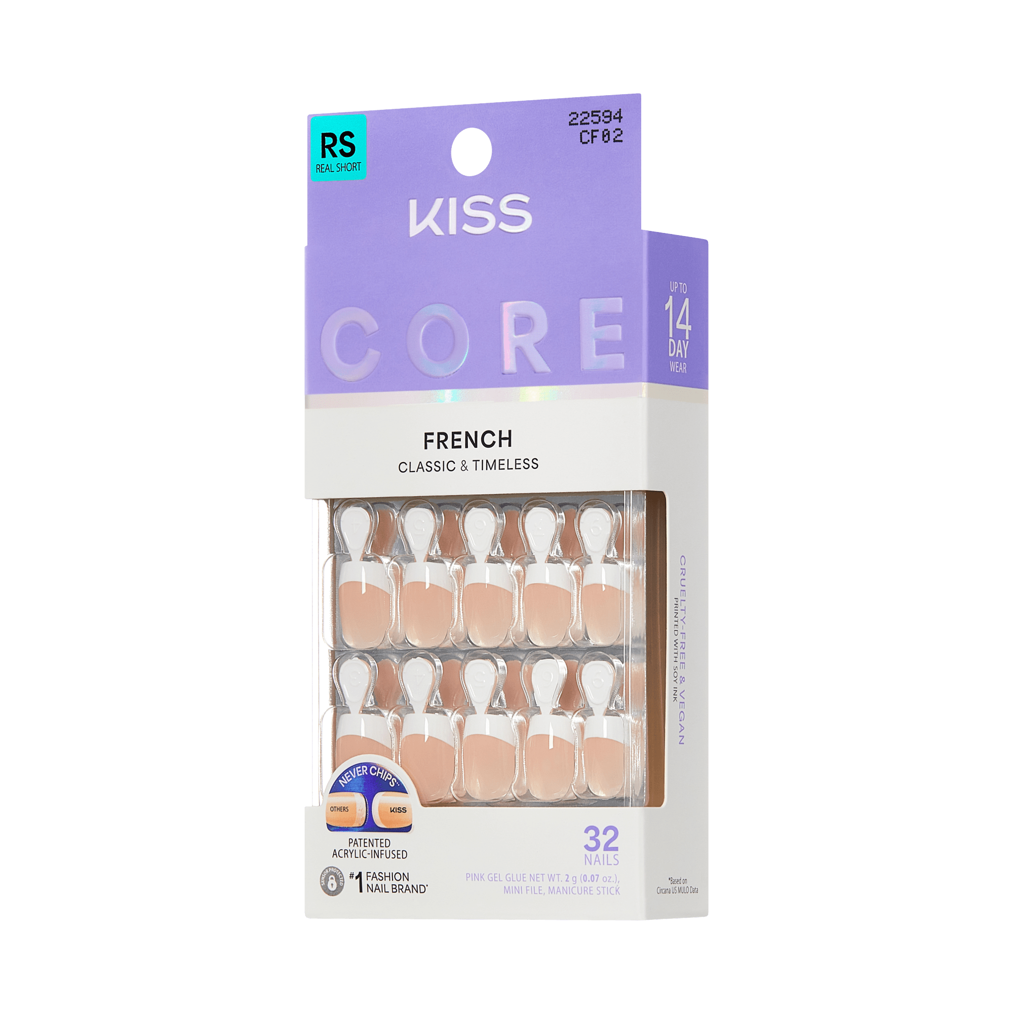 Kiss Core French Press On Fake Glue Nails - If You Dare | French Tips, White, Real Short, Squoval official pack