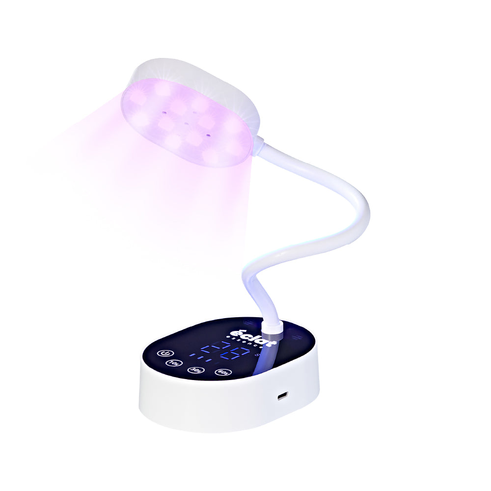 éclat Flash Cure Lamp for Gel Nail Polish – 36W Rechargeable LED Mini UV Light with Gooseneck - White official pack