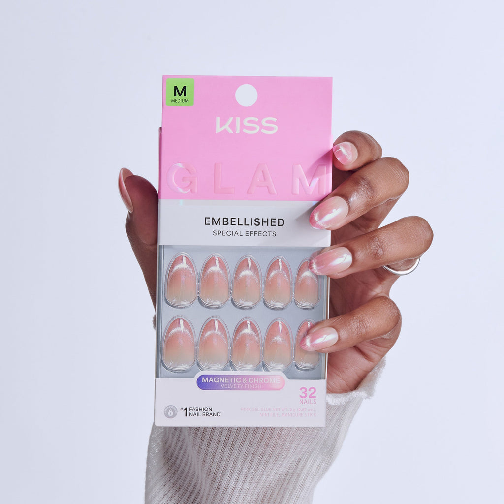 Kiss Glam Embellished Press On Fake Glue Nails - Stardust Wonder | Design, Pink, Medium, Almond official pack