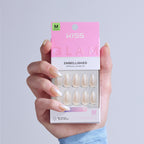 Kiss Glam Embellished Press On Fake Glue Nails - Dive | Design, Neutral, Medium, Almond official pack