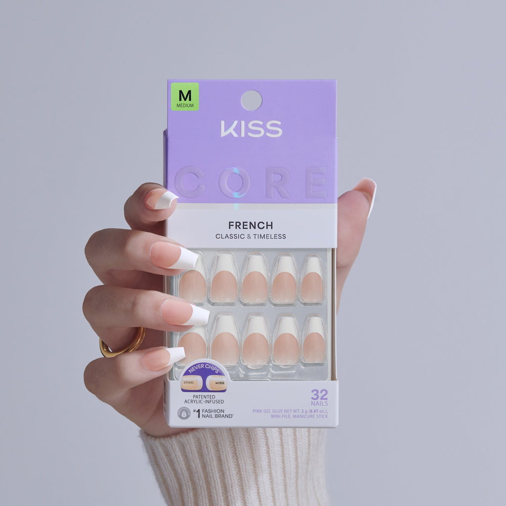 Kiss Core French Press On Fake Glue Nails - Reunion | French Tips, White, Medium, Coffin official pack