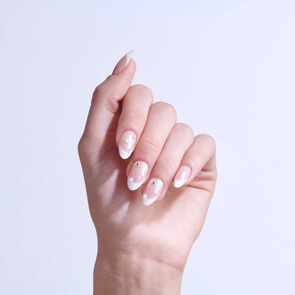 Kiss Glam 3D & Jewel Press On Fake Glue Nails  - Serendipity Awaits | 3D & Jewel French, White, Medium, Almond official pack