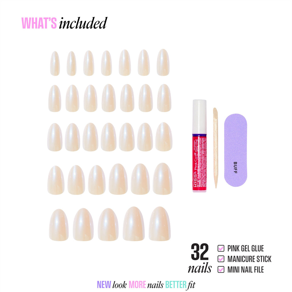 Kiss Glam Embellished Press On Fake Glue Nails - Dive | Design, Neutral, Medium, Almond official pack