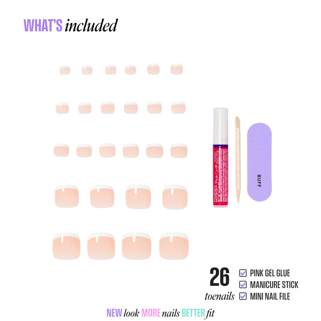 Kiss Core French Tip Press On Fake Glue Toenails - Two of a Kind | French Tips, White, Short, Squoval, Pedicure official pack