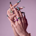 Gold Finger Glitzy 3D Handmade Press-On Nails - Teal Flower & Zebra French X-Long Square - GF Handmade Nails - Debutante official pack