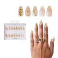 Gold Finger Glitzy 3D Press-On Nails in Ornate – Medium Almond Fake Nails with Gold Celestial Rhinestones, Long Lasting Luxury Glue On Nails, 28 Pc Kit - GF Handmade Nails - Ornate official pack