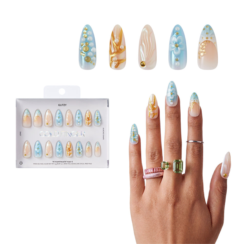 Gold Finger Glitzy 3D Press-On Nails in Courtly – Long Almond Fake Nails, Blue Floral & Gold French with Pearls, Luxury Glue On Nails, 28 Pc Kit - GF Handmade Nails - Courtly official pack