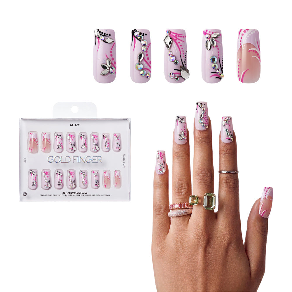 Gold Finger Glitzy 3D Press-On Nails in Modiste – Long Square Fake Nails, Pink Swirls & 3D Rhinestones, Luxury Glue On Nails, 28 Pc Kit - GF Handmade Nails - Modiste official pack