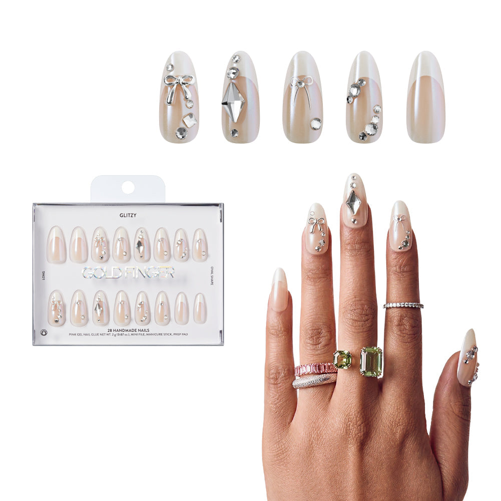 Gold Finger Glitzy 3D Press-On Nails in Regency – Long Oval Fake Nails, Pearlescent with Silver Bows & Rhinestones, Luxury Glue On Nails, 28 Pc Kit - GF Handmade Nails - Regency official pack