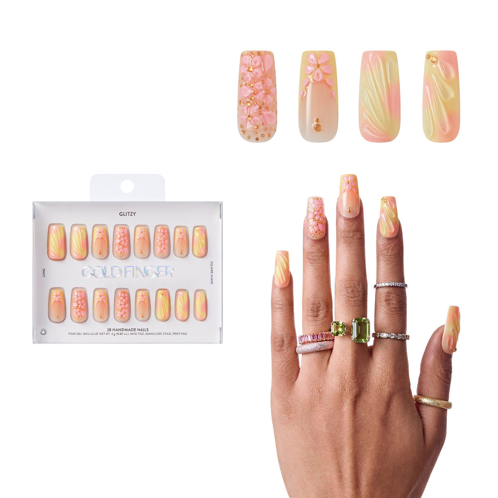 Gold Finger Glitzy 3D Press-On Nails in Very Refined – Long Square Fake Nails, Pastel Ombre & 3D Pink Flowers, Luxury Glue On Nails, 28 Pc Kit - GF Handmade Nails - Very Refined official pack