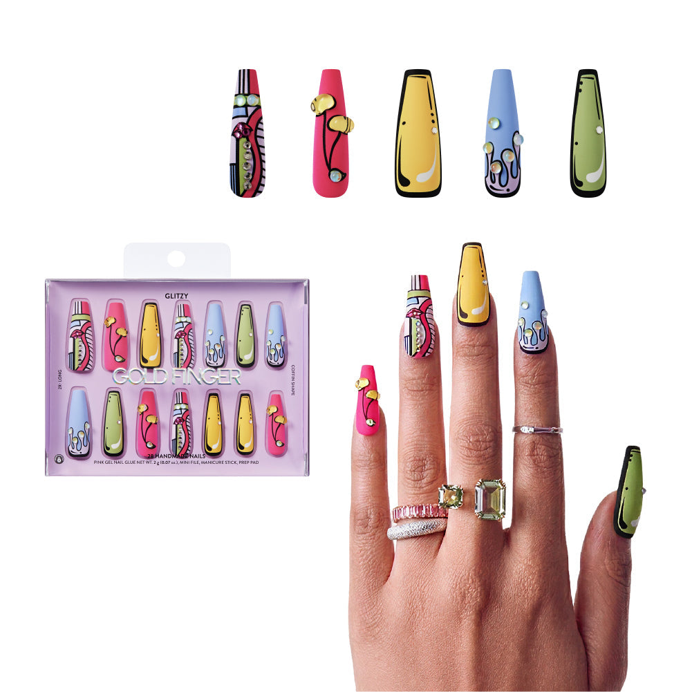 Gold Finger Glitzy 3D Press-On Nails in Countenance – 2X-Long Coffin Fake Nails, Pop Art Comic Design with Rhinestones, Luxury Glue On Nails, 28 Pc Kit - GF Handmade Nails - Countenance official pack