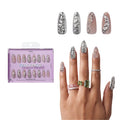 Gold Finger Glitzy 3D Press-On Nails in Enjoyable – Long Oval Fake Nails, Liquid Silver Chrome & Rhinestones, Luxury Glue On Nails, 28 Pc Kit - GF Handmade Nails - Enjoyable official pack
