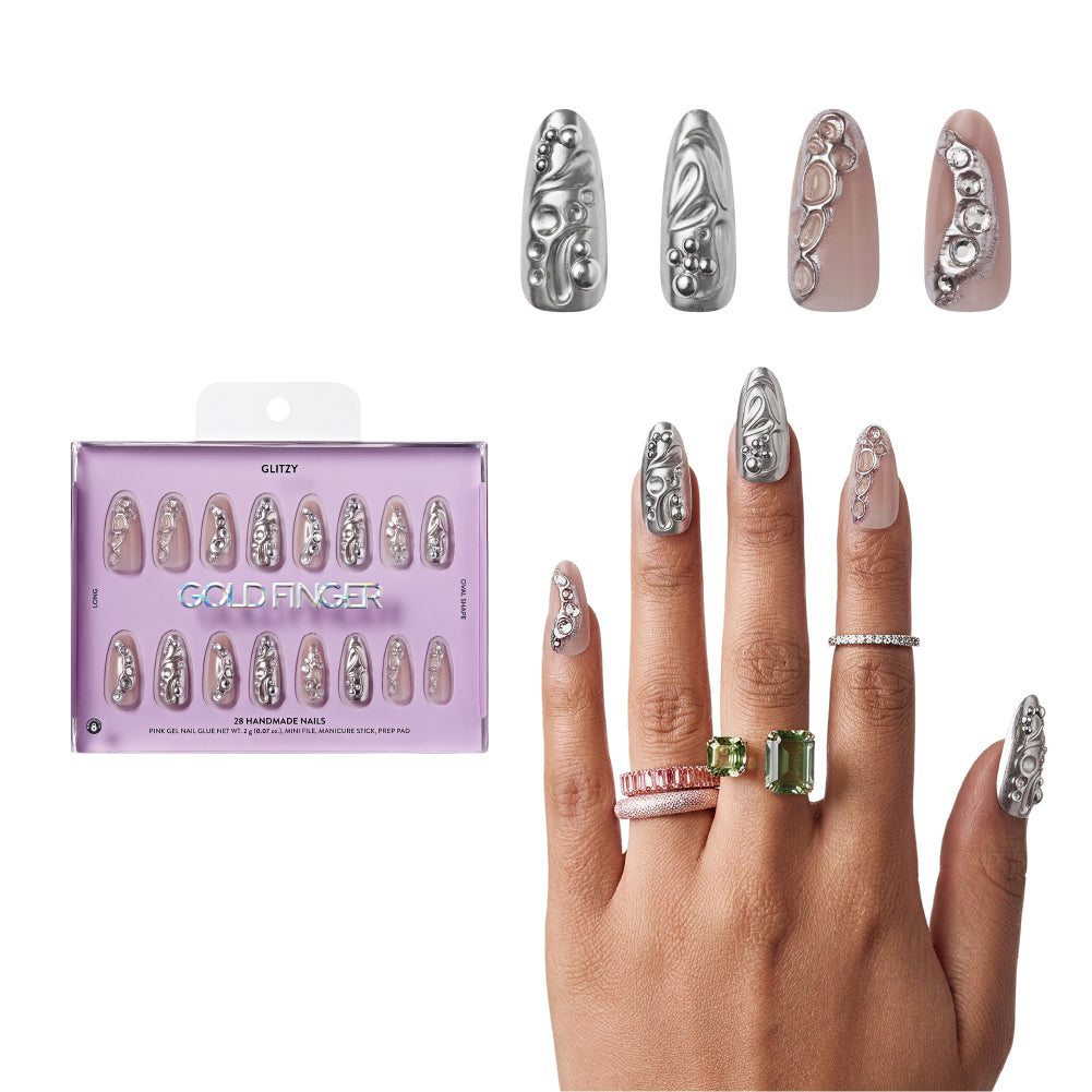 Gold Finger Glitzy 3D Press-On Nails in Enjoyable – Long Oval Fake Nails, Liquid Silver Chrome & Rhinestones, Luxury Glue On Nails, 28 Pc Kit - GF Handmade Nails - Enjoyable official pack