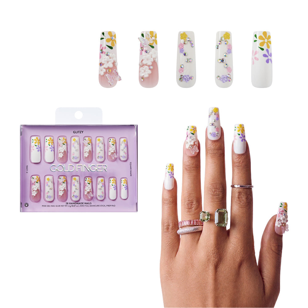 Gold Finger Glitzy 3D Press-On Nails in Posh – X-Long Square Fake Nails, 3D Flowers & Butterfly Charms, Luxury Glue On Nails, 28 Pc Kit - GF Handmade Nails - Posh official pack