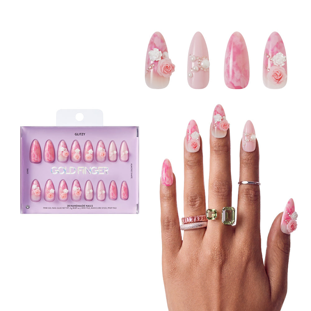 Gold Finger Glitzy 3D Press-On Nails in Five Star – Long Almond Fake Nails, Pink Marble & 3D Roses, Luxury Glue On Nails, 28 Pc Kit - GF Handmade Nails - Five Star official pack