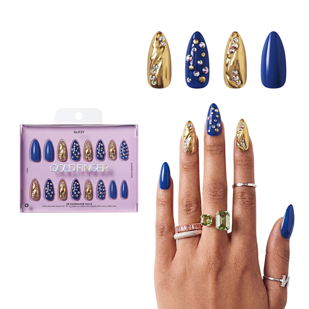 Gold Finger Glitzy 3D Press-On Nails in The Prime – Long Almond Fake Nails, Royal Blue & Gold Chrome with Rhinestones, Luxury Glue On Nails, 28 Pc Kit - GF Handmade Nails - The Prime official pack