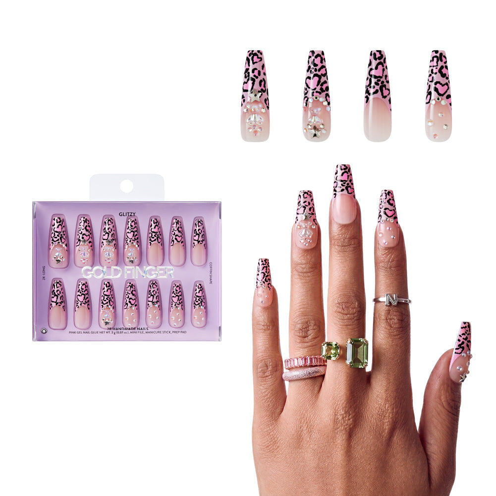 Gold Finger Glitzy 3D Press-On Nails in Top Flight – 2X-Long Coffin Fake Nails, Pink Leopard French with 3D Charms & Stars, Luxury Glue On Nails, 28 Pc Kit - GF Handmade Nails - Top Flight official pack