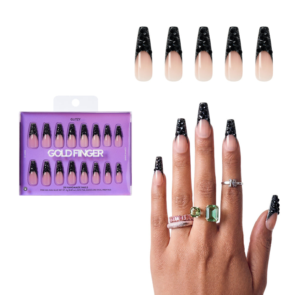 Gold Finger Glitzy 3D Press-On Nails in So Subtle – 3X-Long Coffin Fake Nails, Black Rhinestone French Tip, Luxury Glue On Nails, 28 Pc Kit - GF Handmade Nails - So Subtle official pack
