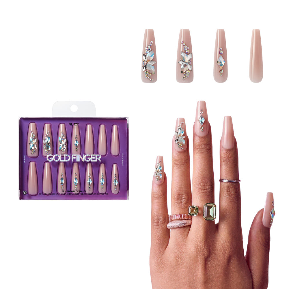 Gold Finger Glitzy 3D Press-On Nails in Pleasant – 3X-Long Coffin Fake Nails, Nude Base with Iridescent Rhinestone Clusters, Luxury Glue On Nails, 28 Pc Kit - GF Handmade Nails - Pleasant official pack