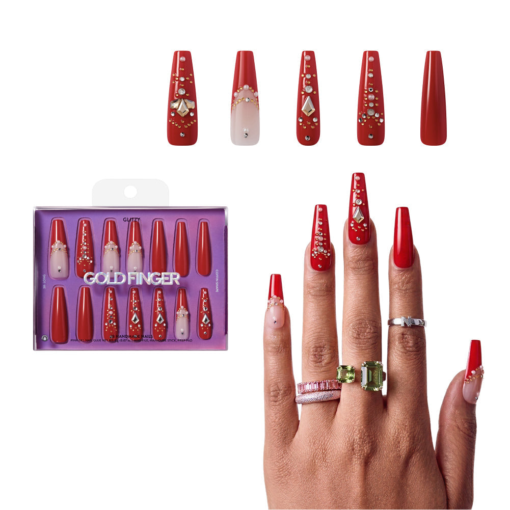 Gold Finger Glitzy 3D Press-On Nails in Dreamy – 3X-Long Coffin Fake Nails, Classic Red with Rhinestones & Gold Studs, Luxury Glue On Nails, 28 Pc Kit - GF Handmade Nails - Dreamy official pack