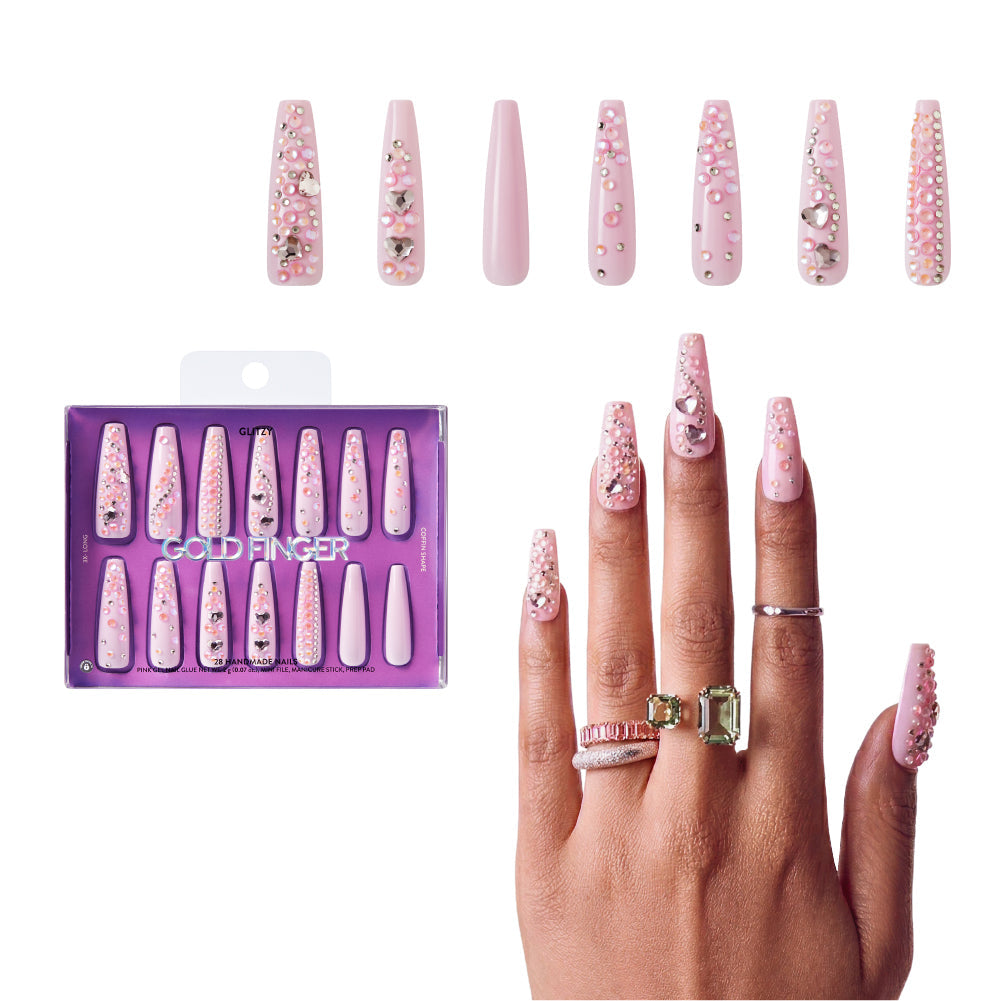 Gold Finger Glitzy 3D Press-On Nails in Yummy – 3X-Long Coffin Fake Nails, Baby Pink with Heart Rhinestones, Luxury Glue On Nails, 28 Pc Kit - GF Handmade Nails - Yummy official pack