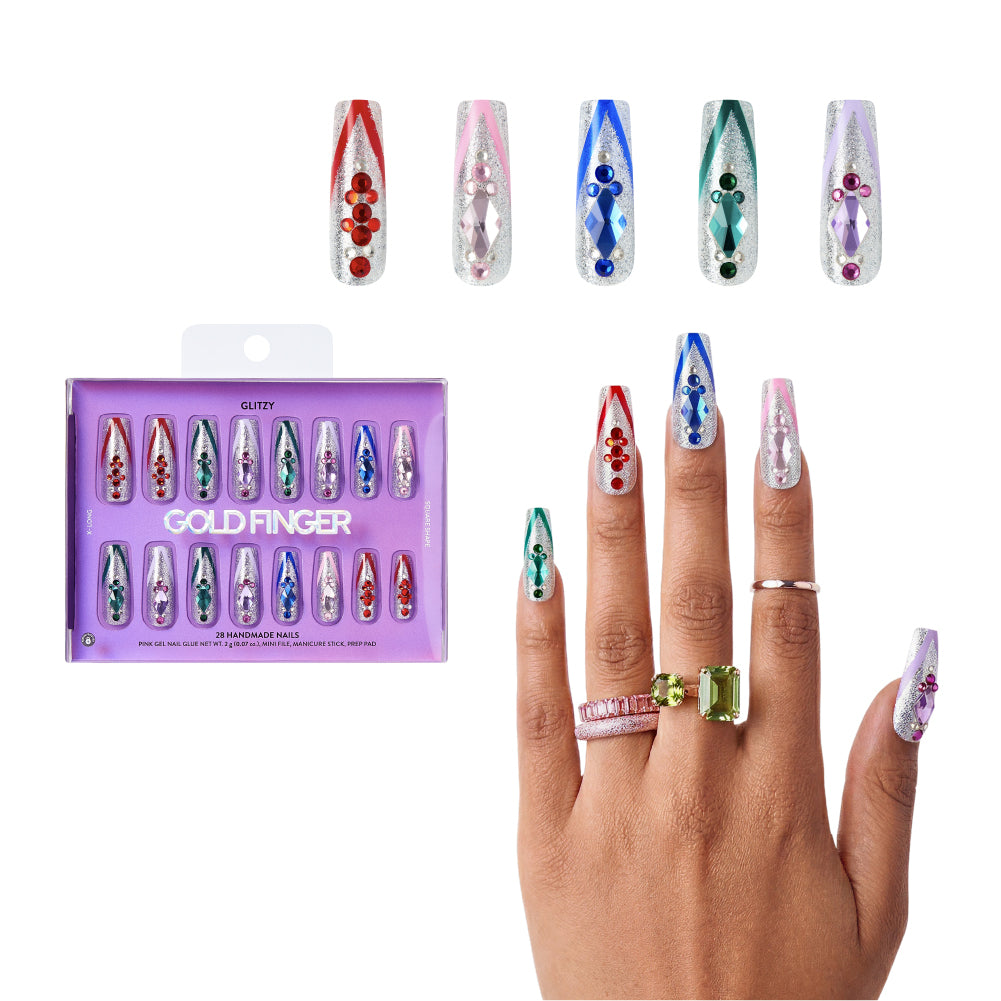 Gold Finger Glitzy 3D Press-On Nails in Precious – X-Long Square Fake Nails, Silver Glitter with Multi-Colored Jewels, Luxury Glue On Nails, 28 Pc Kit - GF Handmade Nails - Precious official pack