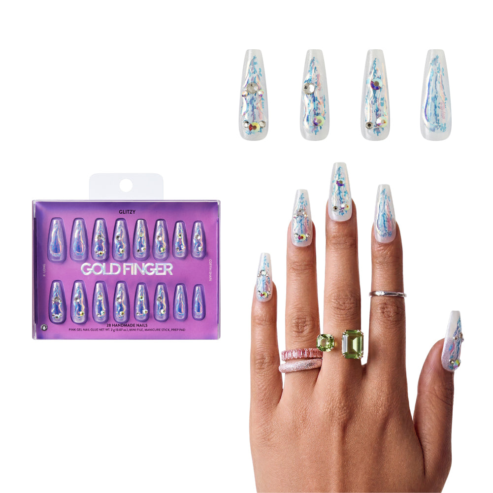 Gold Finger Glitzy 3D Press-On Nails in Dear – X-Long Coffin Fake Nails, Iridescent Pearl with 3D Chrome Swirls & Rhinestones, Luxury Glue On Nails, 28 Pc Kit - GF Handmade Nails - Dear official pack