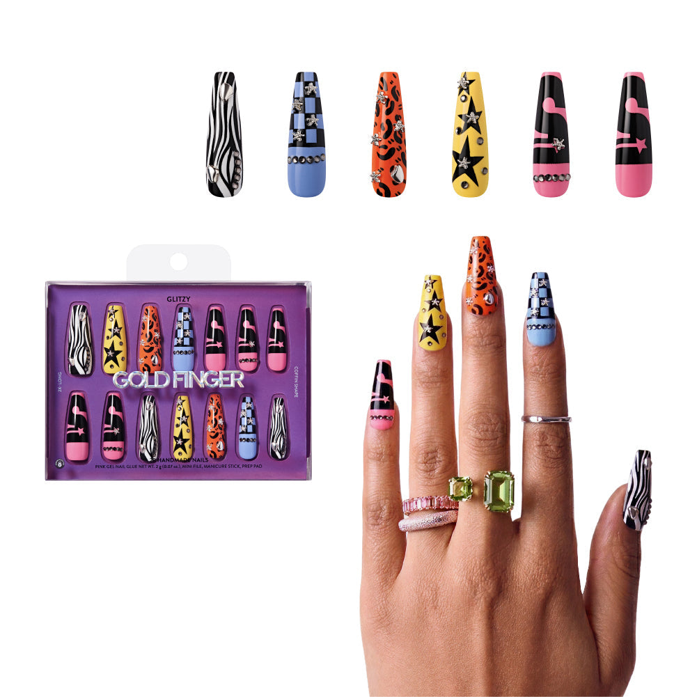 Gold Finger Glitzy 3D Press-On Nails in The Season – X-Long Coffin Fake Nails, Mix & Match Y2K Prints with Star Rhinestones, Luxury Glue On Nails, 28 Pc Kit - GF Handmade Nails - The Season official pack