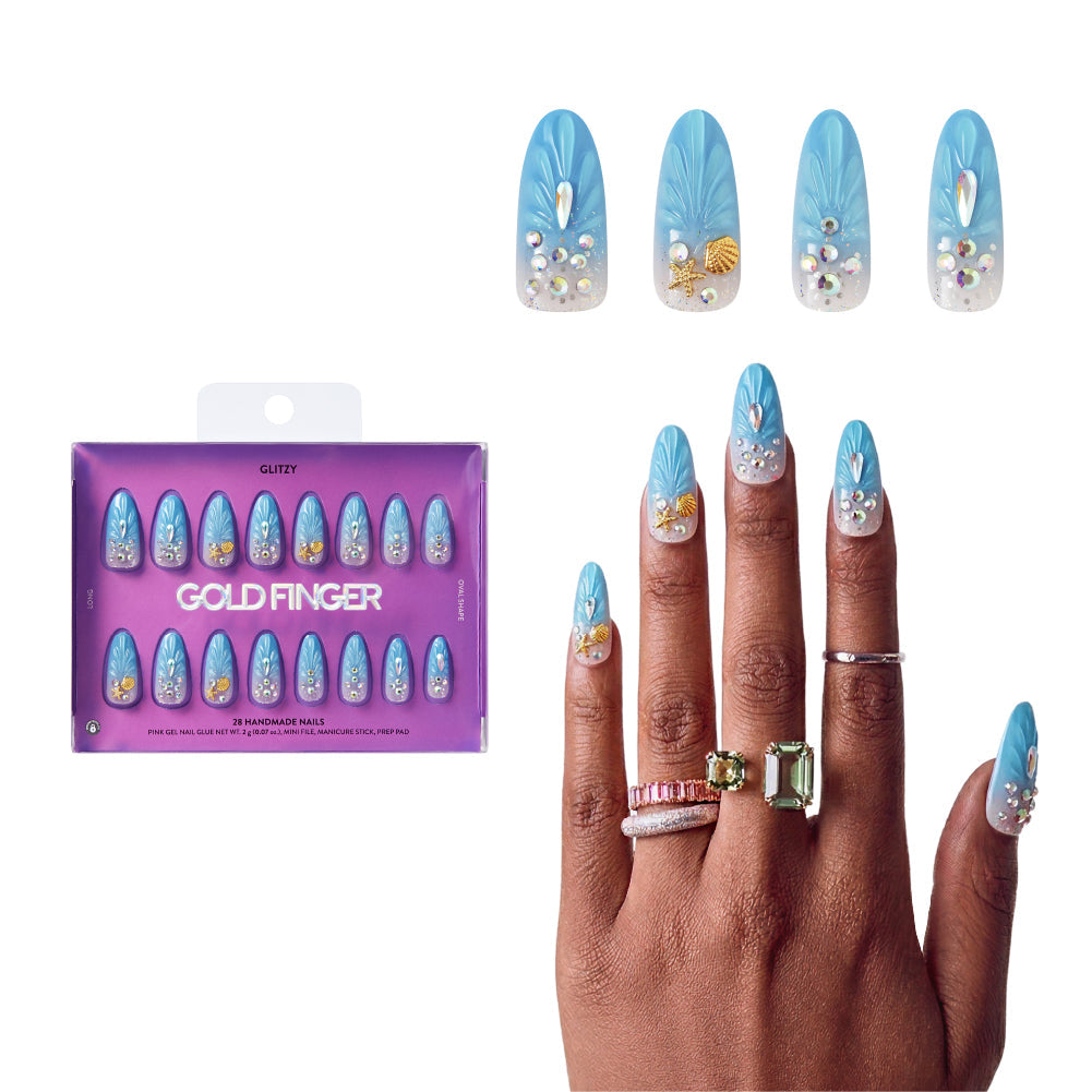 Gold Finger Glitzy 3D Press-On Nails in Rare Piece – Long Oval Fake Nails, Blue Ombre 3D Shell with Beach Charms, Luxury Glue On Nails, 28 Pc Kit - GF Handmade Nails - Rare Piece official pack