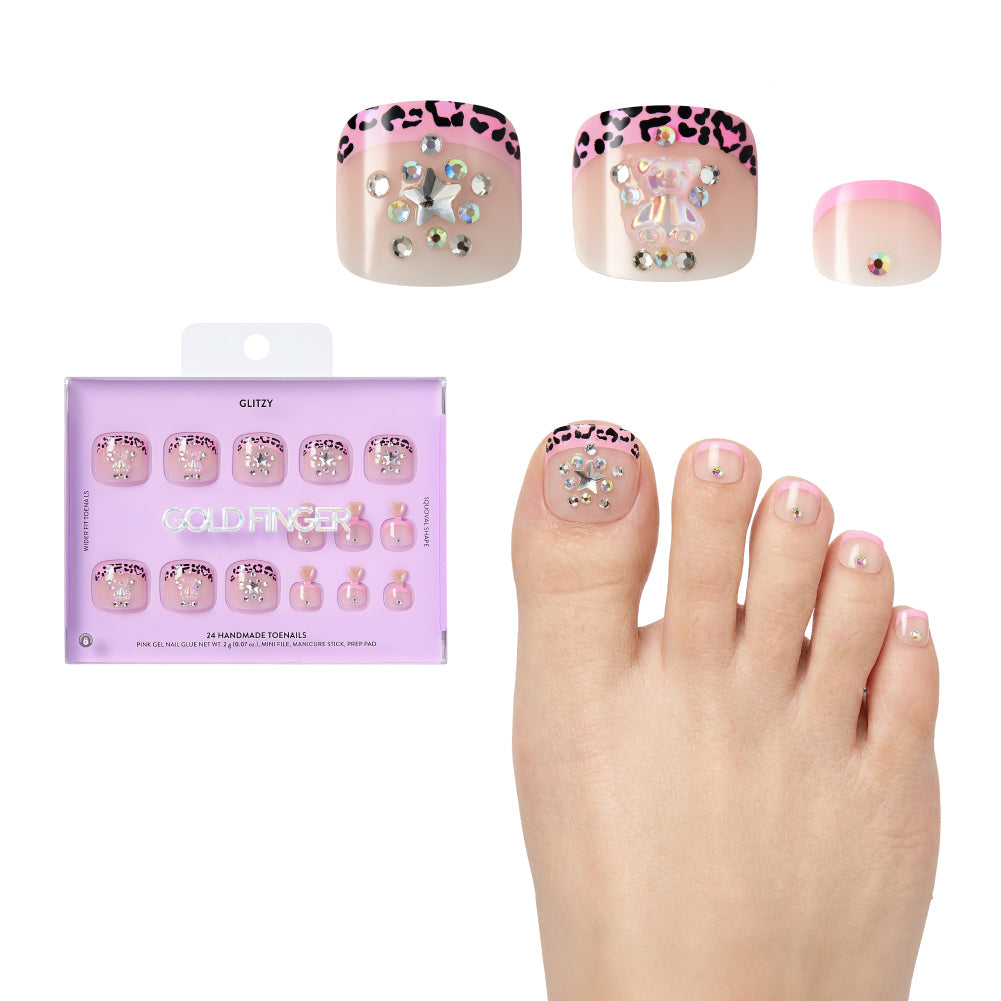 Gold Finger Glitzy 3D Press-On Toenails in Bijou – Squoval Fake Toes, Pink Leopard French Tip with Star Rhinestones, Luxury Glue On Pedicure, Wider Fit 24 Pc Kit - GF Handmade Toenails - Bijou official pack